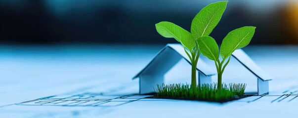 Poster - Architect project idea. A miniature house model with green plants representing eco-friendly living.