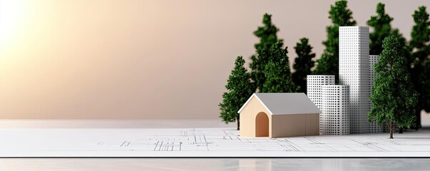 Poster - Architect project idea. A modern architectural model featuring trees and structures in a serene environment.