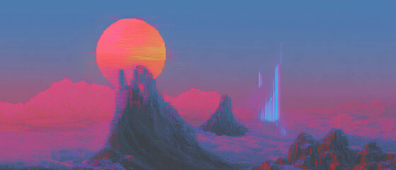Poster - Abstract pixel art landscape with geometric shapes and vibrant color patterns in twilight