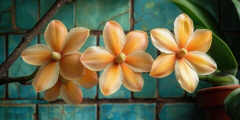 Poster - Orange flowers blooming on a decorative blue tiled wall