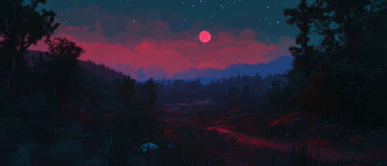 Fototapete - Pixel art landscape at night featuring dark colors and vibrant pixel stars