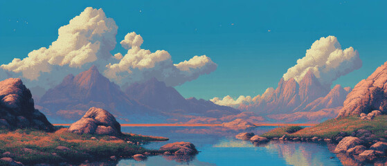 Aufkleber - Vibrant pixel art landscape featuring detailed mountains and serene water reflections