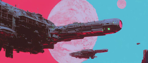 Poster - Exploration of pixelated sci-fi ships against vibrant cosmic backgrounds in detailed pixel art