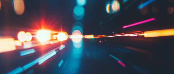 Poster - Retro light leaks and lens flares create dynamic visual effects in a vibrant city setting at night
