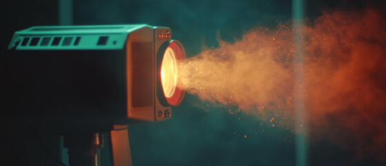 Poster - Warm light emanates from a retro projector creating a nostalgic atmosphere with dust particles