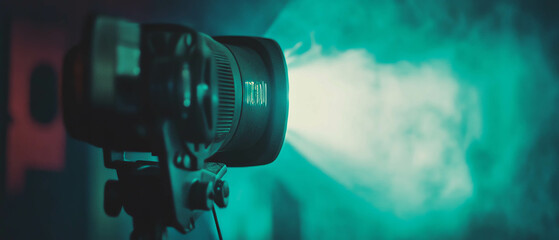 Poster - Warm light and dust particles stream from a retro projector in a cozy room setting