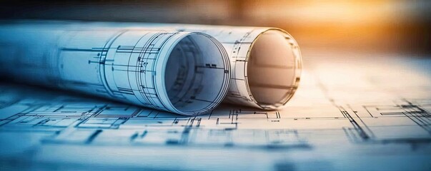 Poster - Architect blueprint idea. Detailed architectural plans rolled up, showcasing intricate designs and blueprints.