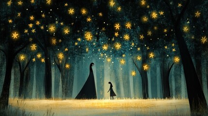 Canvas Print - Silhouetted figures meet in a magical forest at night, glowing stars illuminating the scene.