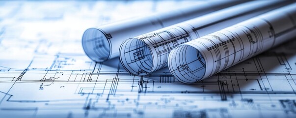 Poster - Architect blueprint idea. Blueprints and rolled plans for architectural designs on a table.