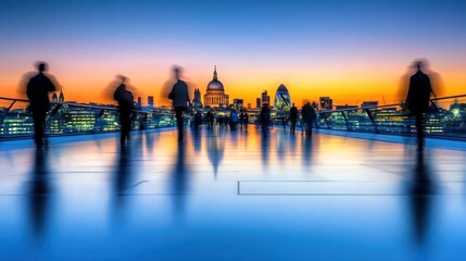 Canvas Print - Silhouetted figures walking on a bridge at sunset, with city skyline and reflections.