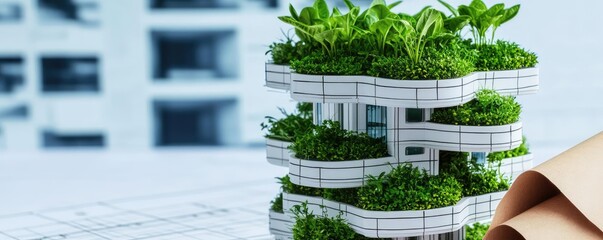 Poster - Architect blueprint idea. Innovative green architecture featuring plants integrated into modern building design.