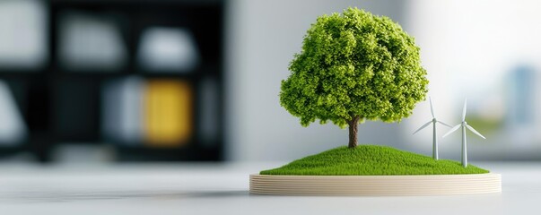 Poster - Architect blueprint idea. A small model landscape featuring a tree and wind turbines for sustainability themes.