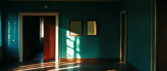 Poster - Sunlight streaming through a retro room with dark corners and classic framing