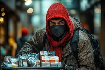 Aufkleber - A man wearing a bright red hat and a black face mask, great for use in comedy or drama scenes