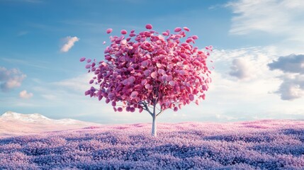 Poster - Single pink tree in a field of pink flowers under a blue sky with mountains in the background.