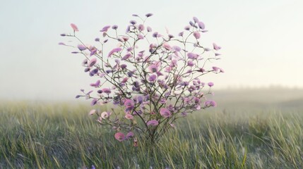 Wall Mural - Single pink flowering plant in foggy field at sunrise.