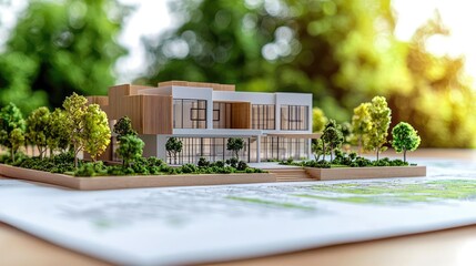Poster - Architect project idea. A detailed architectural model surrounded by greenery, showcasing innovative design.