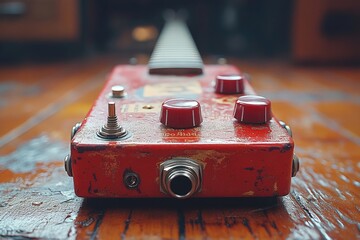 Poster - A close-up shot of a red guitar pedal sitting on a wooden table, perfect for use in music-themed projects