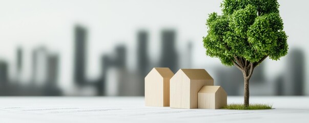 Poster - Architect project idea. Minimalist model houses and tree in an urban environment depict modern living.
