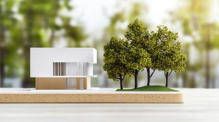 Poster - Architect project idea. Stylish architectural model showcasing modern house design with trees and greenery.