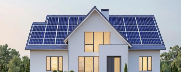 Poster - Architect sketching concept. Modern house with solar panels and large windows in a serene environment.
