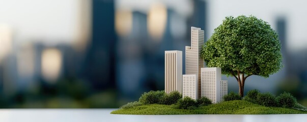 Poster - Architect blueprint idea. A miniature urban landscape showcases harmonious balance of nature and architecture.