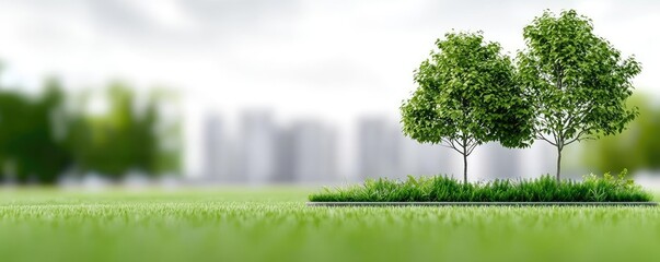 Poster - Architect blueprint idea. Lush green trees on a vibrant field with a blurred city skyline in the background.