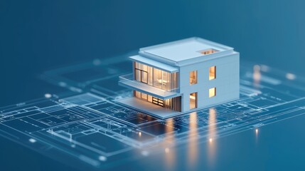 Poster - Architect blueprint idea. A modern architecture model on a blueprint background showcasing design creativity.