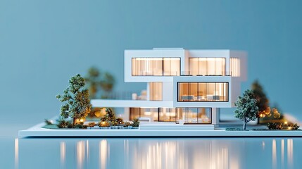 Poster - Architect blueprint idea. Modern architectural model showcasing innovative design and landscaping elements.