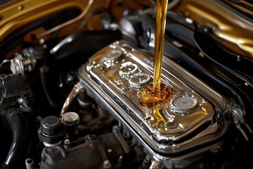 Poster - A close-up view of a car engine with oil leaking from the top, perfect for depicting mechanical failure or automotive issues