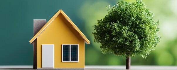 Poster - Architect blueprint idea. Bright yellow house with a green tree on a natural background, symbolizing harmony.