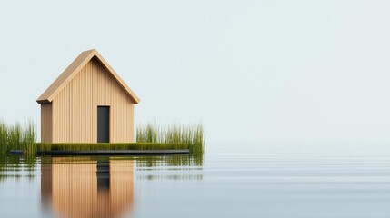 Poster - Architect sketching concept. A serene wooden house reflected in calm water, surrounded by natural greenery.