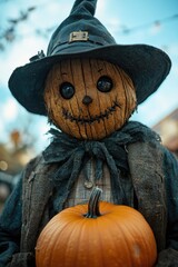 Wall Mural - A scarecrow wearing a pumpkin as a hat, standing in a autumnal setting