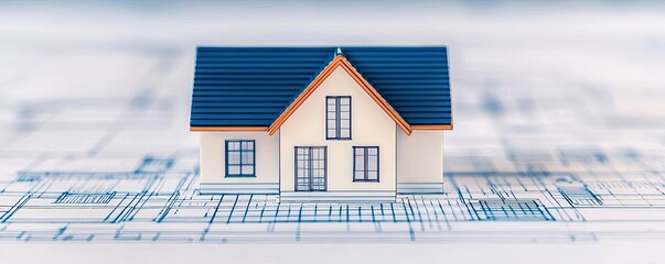 Poster - Architect project idea. Miniature house model on blueprints, symbolizing construction and design planning.