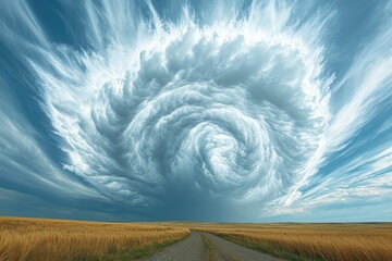 Sticker - A spiral-shaped cloud hovering above a dirt road, ideal for use in scenic or atmospheric contexts