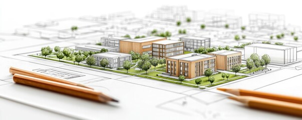 Poster - Architect sketching concept. Detailed architectural model showcasing modern buildings and landscaped surroundings.