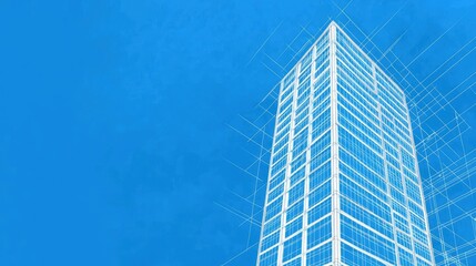 Poster - Architect blueprint idea. Modern skyscraper design against a clear blue sky incorporating architectural elements.
