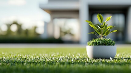 Poster - Architect project idea. A vibrant green plant in a pot sits on a lush lawn, symbolizing nature's beauty.