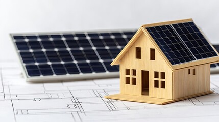 Poster - Architect blueprint idea. Model house with solar panels on blueprint background, representing sustainable design.