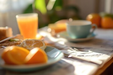 Wall Mural - A table setting with a variety of foods and an orange juice glass