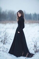 Poster - A woman stands alone in the snow, wearing a long black dress