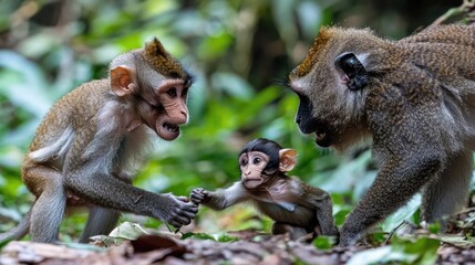 Poster - Group of playful monkeys interacting in a wooded area, suitable for wildlife or nature themed illustrations