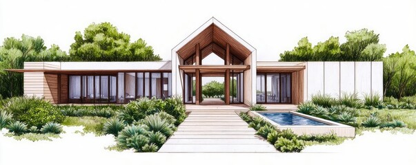 Poster - Architect sketching concept. Modern house design featuring natural elements and lush landscaping.