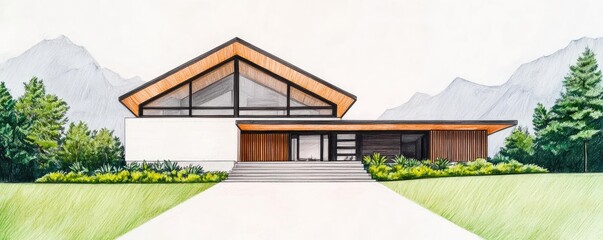 Poster - Architect sketching concept. Modern house design illustration surrounded by greenery and mountains.