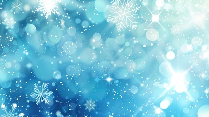 Blue winter wonderland background with snowflakes and bokeh lights