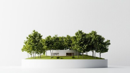 Poster - Architect sketching concept. Modern architectural model surrounded by lush greenery on a circular base.