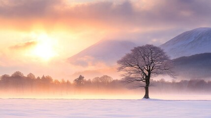 Wall Mural - Solitary snow-covered tree in a misty field at sunrise, with mountains in the background.