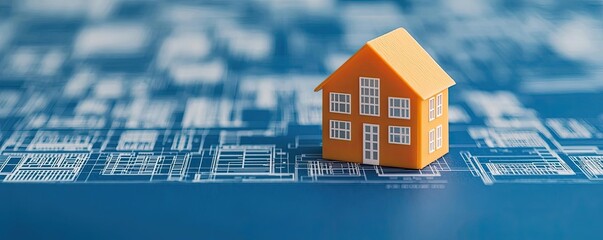 Poster - Architect blueprint idea. Small orange house model placed on a blueprint background for architectural design.