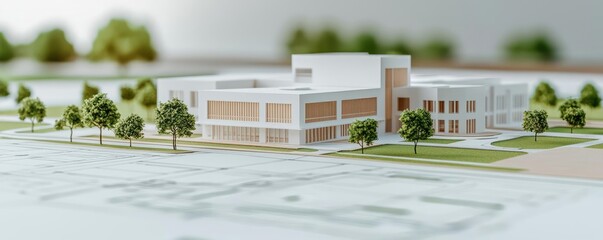 Aufkleber - Architect blueprint idea. A detailed architectural model showcasing modern building design and landscaping.