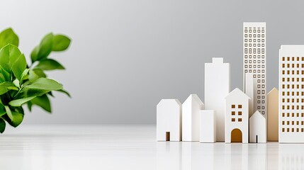 Poster - Architect project idea. Minimalist architectural model showcasing modern urban design with green plant.